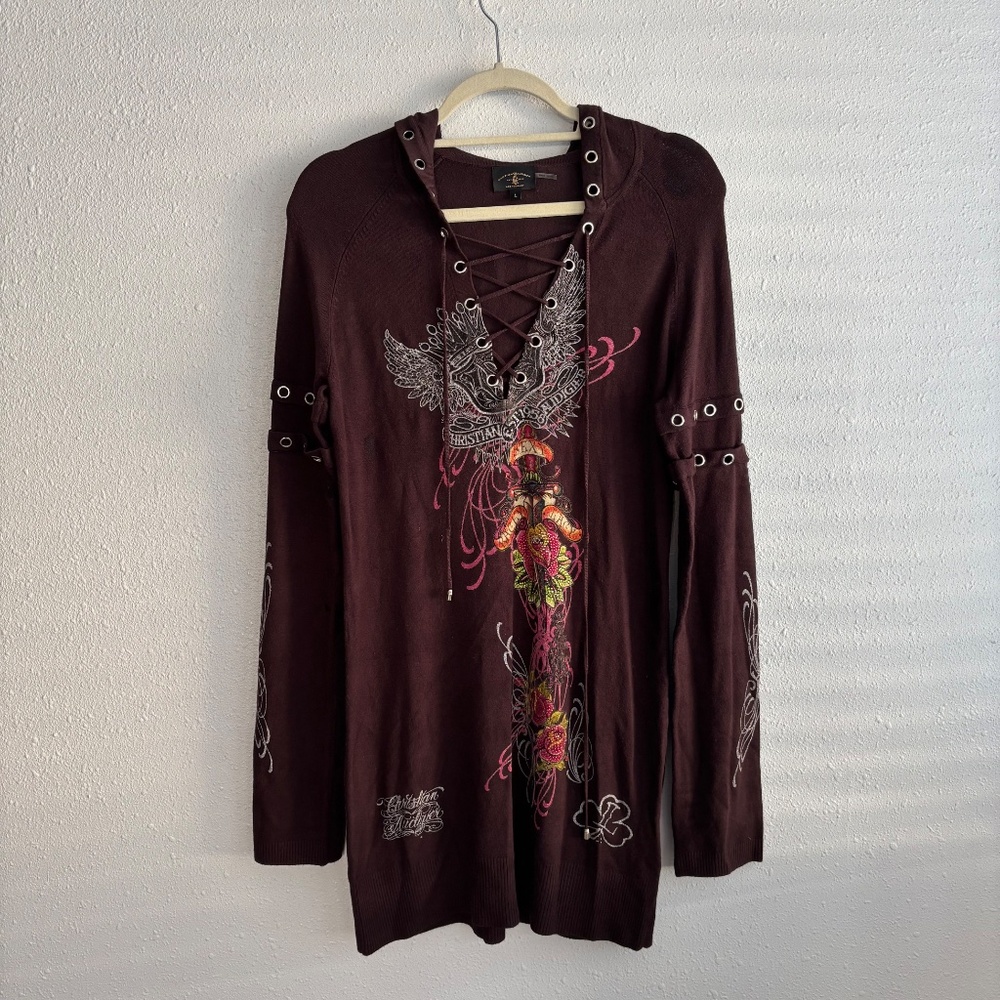 Christian Audigier Vintage Brown Knit Sweater Tunic Dress